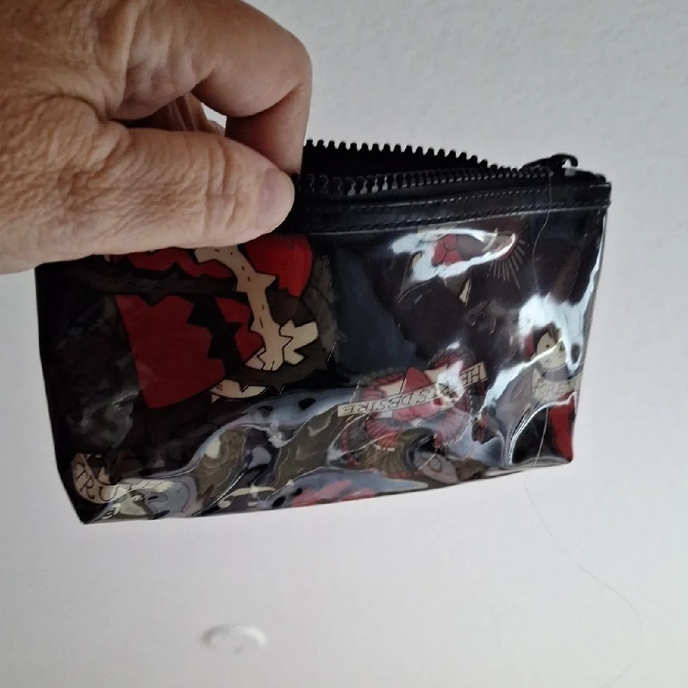 Black Tattoo Print Vinyl Cosmetic Pouch with Heart Charm